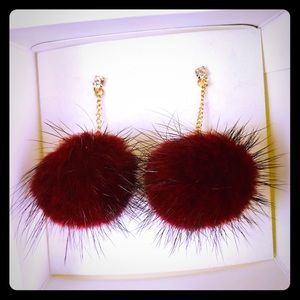 Mark. Red Fur Fluffy Dangle Ball Earring studs
